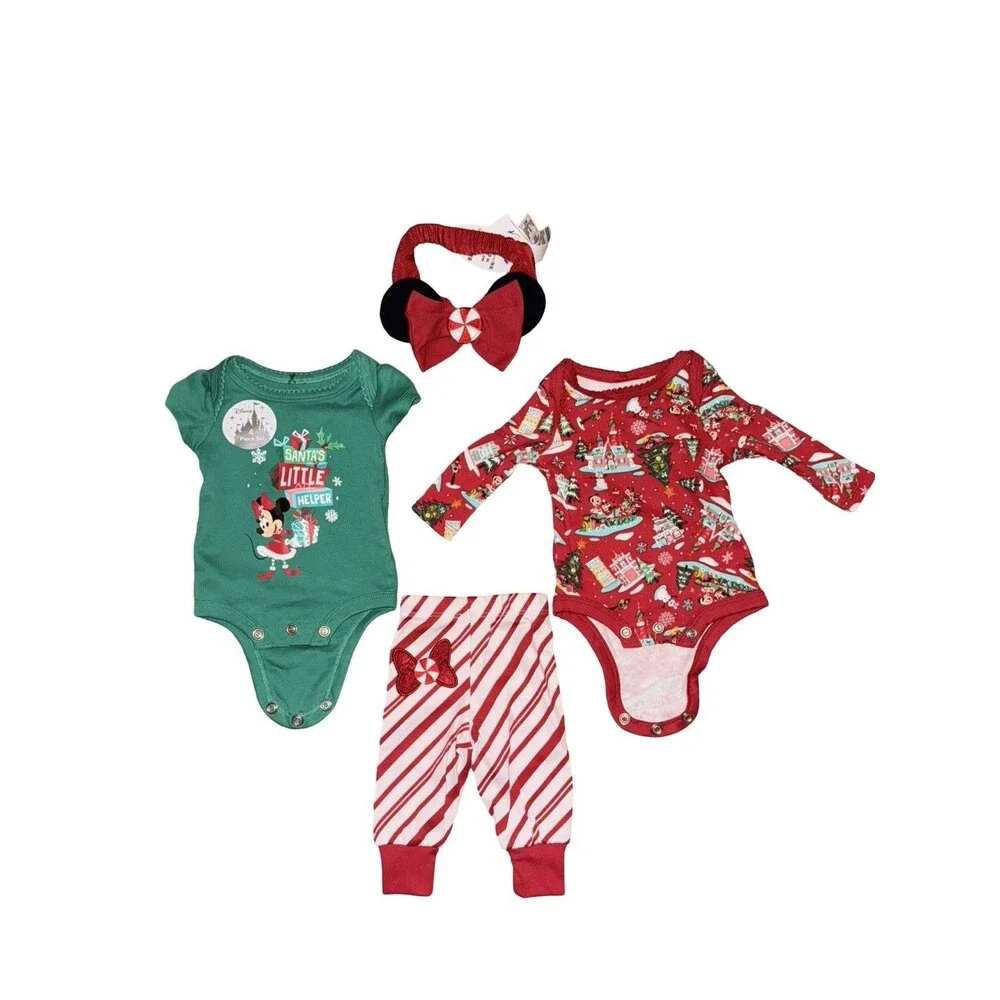 Disney Parks Christmas Baby Outfit Set Minnie Mouse Bow Bodysuit Pants 3 Months